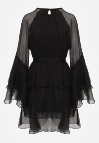 Renee - Czarna Eteryczna Sukienka z Falbanami i Wiązanym Paskiem w Talii Rivania. Kolor: czarny #8