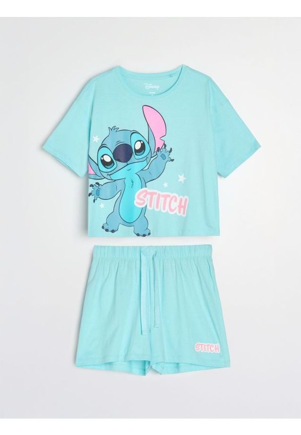 Sinsay - Bawełniana piżama dwuczęściowa z nadrukiem Stitch - zielony. Kolor: zielony. Materiał: bawełna. Wzór: nadruk