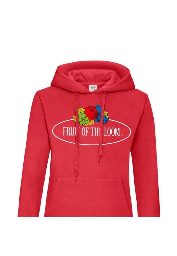 FRUIT OF THE LOOM - Damska Bluza Z Kapturem Z Nadrukiem Logo W Stylu Vintage. Typ kołnierza: kaptur. Kolor: czerwony. Wzór: nadruk
