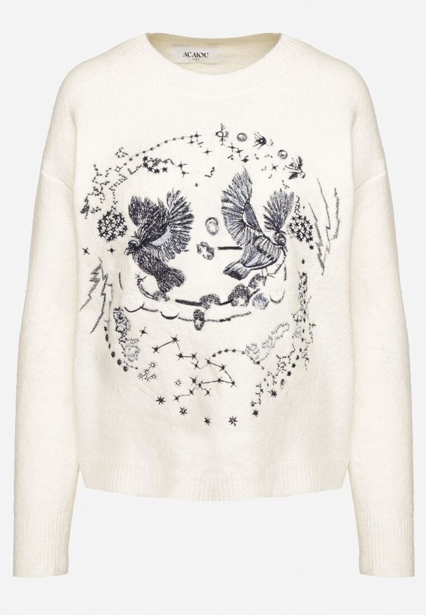 Born2be - Jasnobeżowy Sweter z Ozdobnym Haftem z Przodu Minavira. Okazja: na co dzień. Kolor: beżowy. Materiał: jeans. Wzór: haft. Styl: klasyczny, elegancki, casual