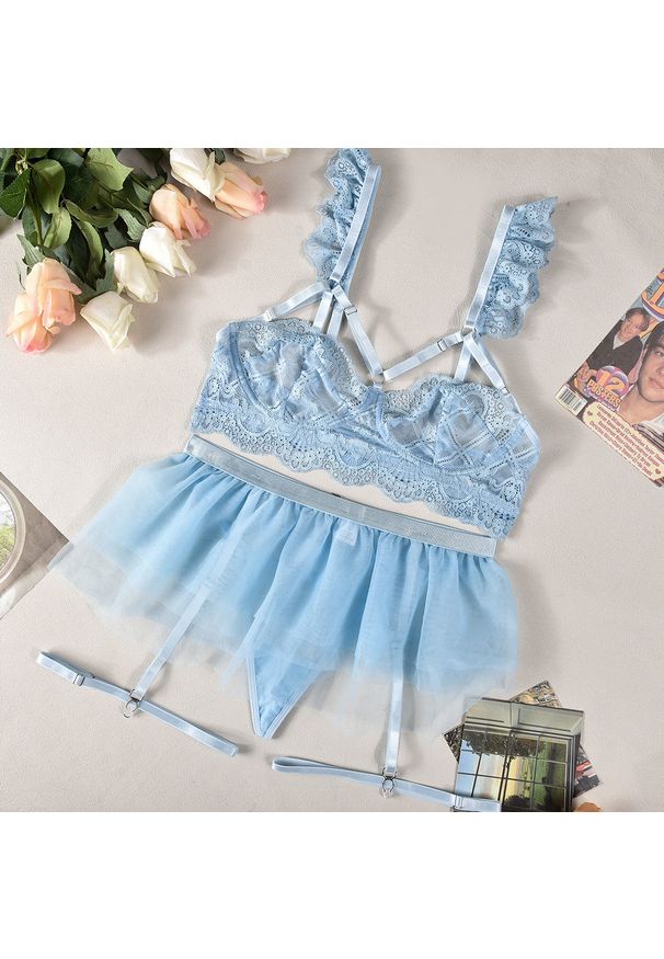 Intica - Komplet bielizny tiulowej z koronką na wyjątkowe okazje Alise. Kolor: niebieski. Materiał: tiul, koronka. Wzór: koronka