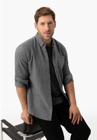 Volcano - Szara koszula, Slim Fit, K-BELANOS. Okazja: na co dzień. Typ kołnierza: button down. Kolor: szary. Materiał: bawełna, materiał. Styl: casual, elegancki #1