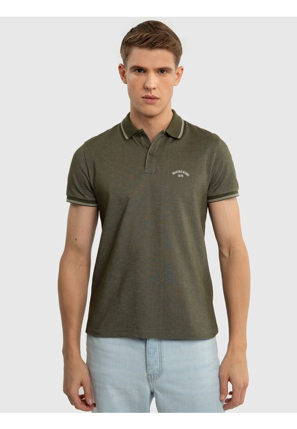 Big-Star - Koszulka męska polo khaki Harrison 303. Typ kołnierza: polo. Kolor: zielony. Materiał: jeans, materiał. Wzór: haft