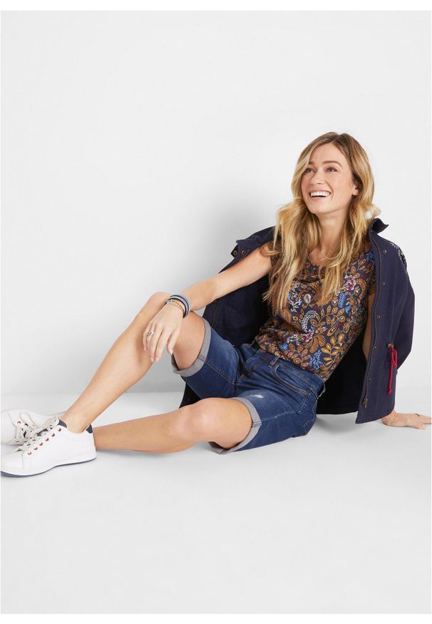 bonprix - T-shirt bawełniany z nadrukiem, krótki rękaw. Kolor: niebieski. Materiał: bawełna. Długość rękawa: krótki rękaw. Długość: krótkie. Wzór: nadruk