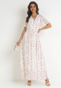 Born2be - Biała Sukienka z Gumką w Pasie i Kopertowym Dekoltem Roselita. Kolor: biały. Typ sukienki: kopertowe #2