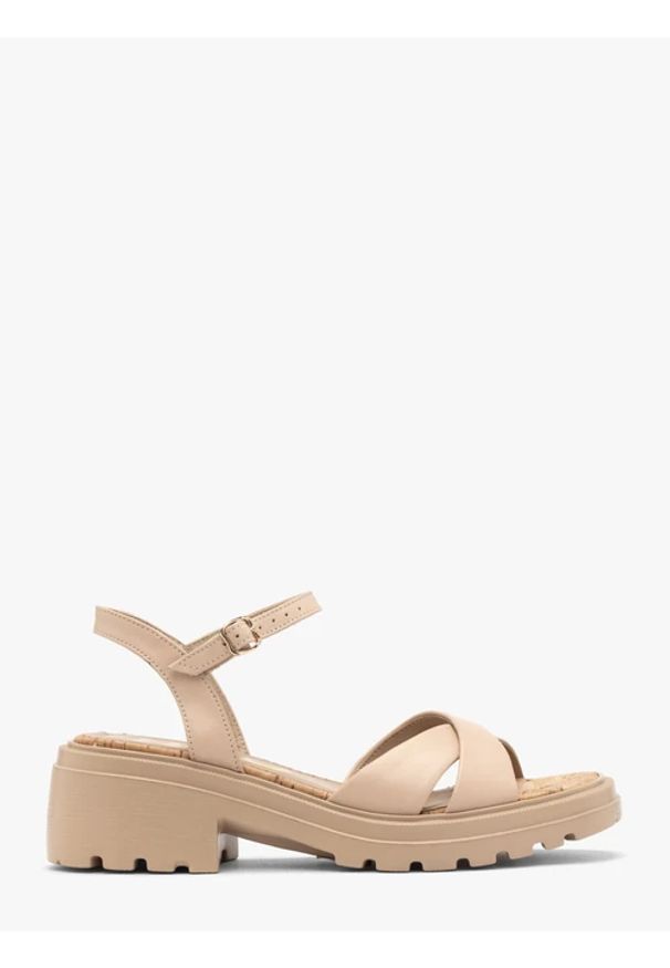 Ryłko - Beżowe sandały damskie. Zapięcie: sprzączka. Kolor: beżowy. Materiał: skóra. Obcas: na platformie. Styl: elegancki, street