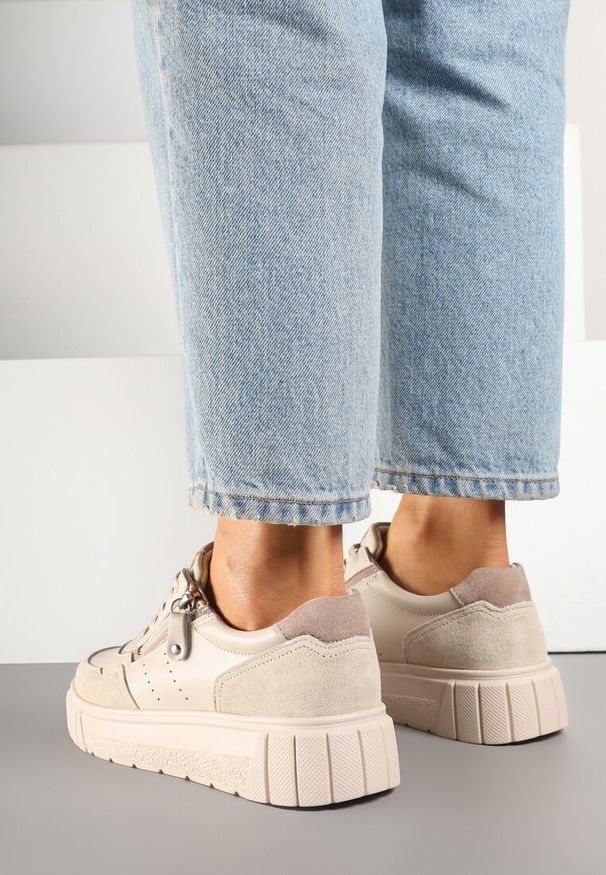Renee - Beżowe Sneakersy z Naturalnej Skóry na Grubej Podeszwie z Suwakiem Soravelle. Okazja: na co dzień. Kolor: beżowy. Materiał: skóra