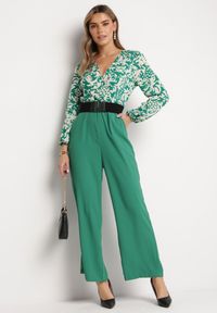 Born2be - Zielono-Biały Kombinezon z Paskiem Góra w Print i Trójkątny Dekolt Hamiora. Kolor: zielony. Wzór: nadruk #4