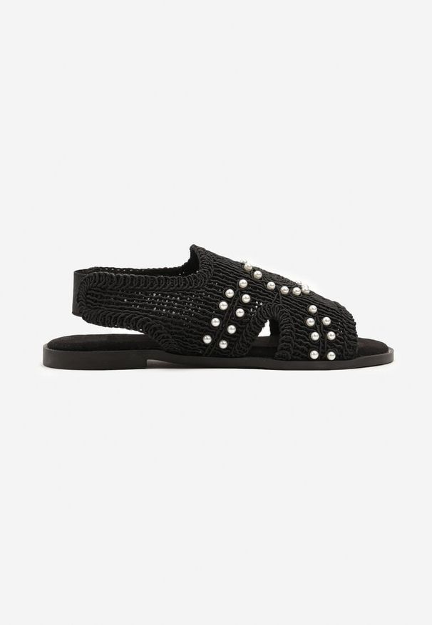 Born2be - Czarne Sandały Vices z Plecionki Ozdobione Perłami Lilozi. Okazja: na co dzień. Kolor: czarny. Wzór: aplikacja. Styl: klasyczny, casual, elegancki