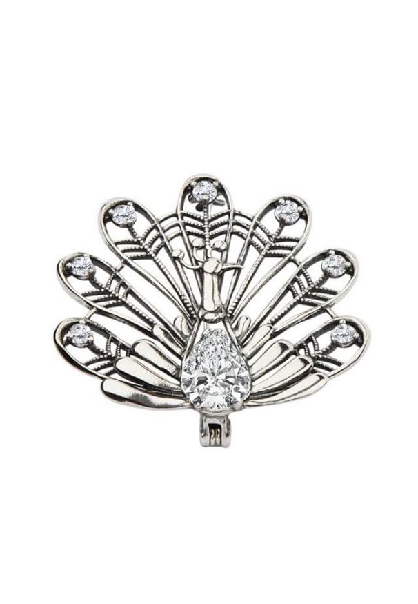 Polcarat Design - Broszka srebrna z cyrkoniami PAW B 135. Materiał: srebrne. Kolor: srebrny. Wzór: aplikacja. Kamień szlachetny: cyrkonia