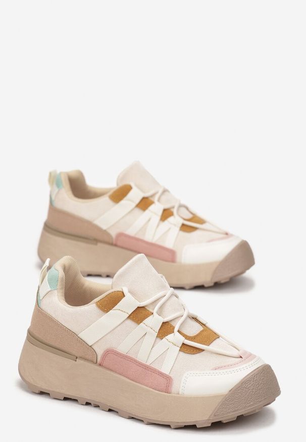 Born2be - Beżowe Sneakersy na Płaskiej Grubej Podeszwie z Imitacji Zamszu Ozdobione Wstawkami z Ekoskóry Mariatta. Wysokość cholewki: przed kostkę. Nosek buta: okrągły. Zapięcie: sznurówki. Kolor: beżowy. Materiał: zamsz. Szerokość cholewki: normalna. Wzór: aplikacja