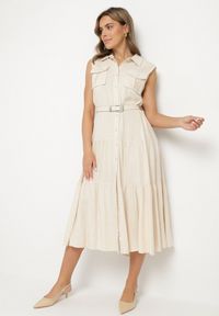 Born2be - Beżowa Koszulowa Sukienka z Wiskozy z Bawełną Ozdobiona Paskiem Rivebia. Okazja: na co dzień. Kolor: beżowy. Materiał: wiskoza, bawełna. Wzór: aplikacja. Typ sukienki: koszulowe. Styl: casual, elegancki #7