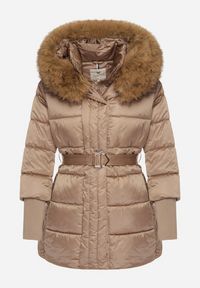 Born2be - Ciemnobeżowa Kurtka z Pikowanymi Przeszyciami Paskiem i Kapturem z Futrem Lidanessa. Okazja: na co dzień. Kolor: beżowy. Materiał: futro. Styl: casual #5