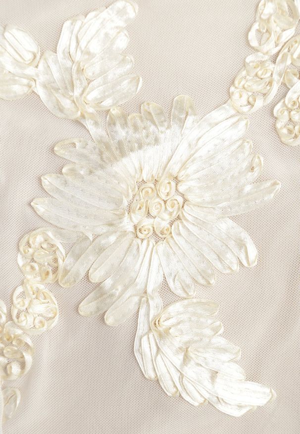 Born2be - Beżowa Koktajlowa Sukienka Siateczkowa z Odkrytymi Plecami z Wiązaniem Cezelle. Kolor: beżowy. Materiał: materiał. Wzór: kwiaty, aplikacja. Styl: wizytowy