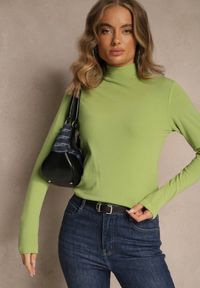 Renee - Zielona Casualowa Bluzka z Golfem Longsleeve Ralaia. Okazja: na co dzień. Typ kołnierza: golf. Kolor: zielony. Materiał: jeans. Długość rękawa: długi rękaw. Styl: casual #4