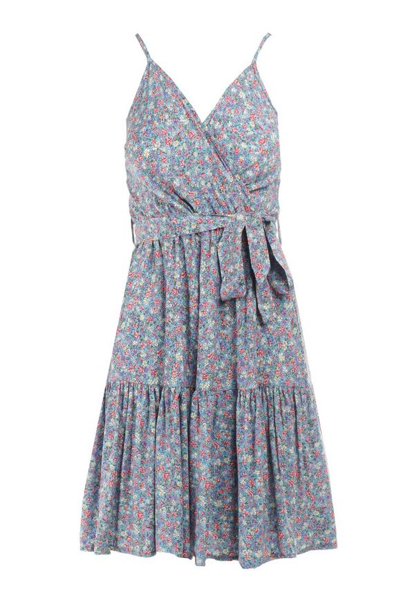 Born2be - Niebieska Sukienka z Wiskozy Porthos. Kolor: niebieski. Materiał: wiskoza. Długość rękawa: na ramiączkach. Wzór: kwiaty. Sezon: lato. Typ sukienki: kopertowe. Długość: mini