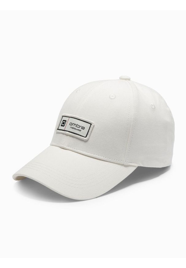 Ombre Clothing - Czapka męska bejsbolówka z daszkiem i patchem – kremowa V4 OM-ACCS-0103 - uniwersalny. Kolor: kremowy. Materiał: bawełna. Wzór: aplikacja, ze splotem. Styl: casual