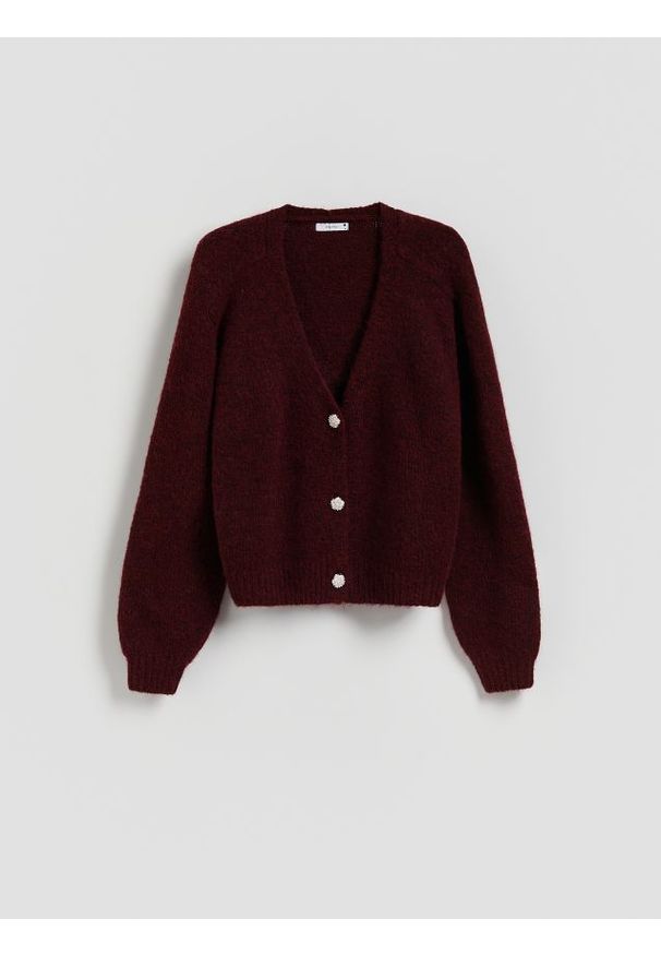 Reserved - Kardigan z dekoracyjnymi guzikami - bordowy. Kolor: czerwony. Materiał: dzianina, wełna