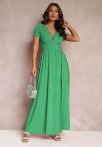 Renee - Zielona Sukienka Maxi z Rozkloszowanym Dołem i Rozcięciem Zarya. Kolor: zielony. Długość rękawa: krótki rękaw. Długość: maxi #2