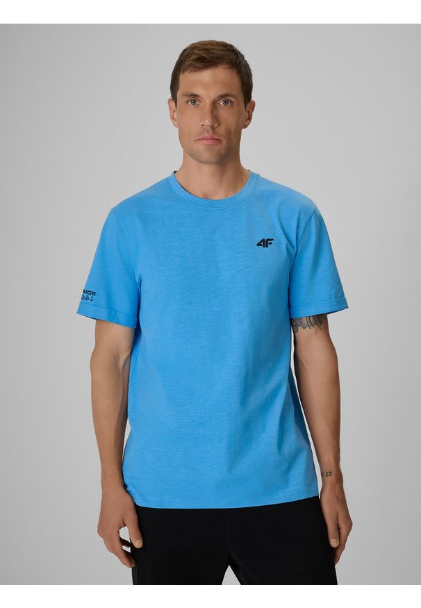4f - 4F T-shirt regular gładki męski - niebieski XL. Okazja: na co dzień. Kolor: niebieski. Materiał: bawełna, dzianina. Wzór: gładki. Styl: casual