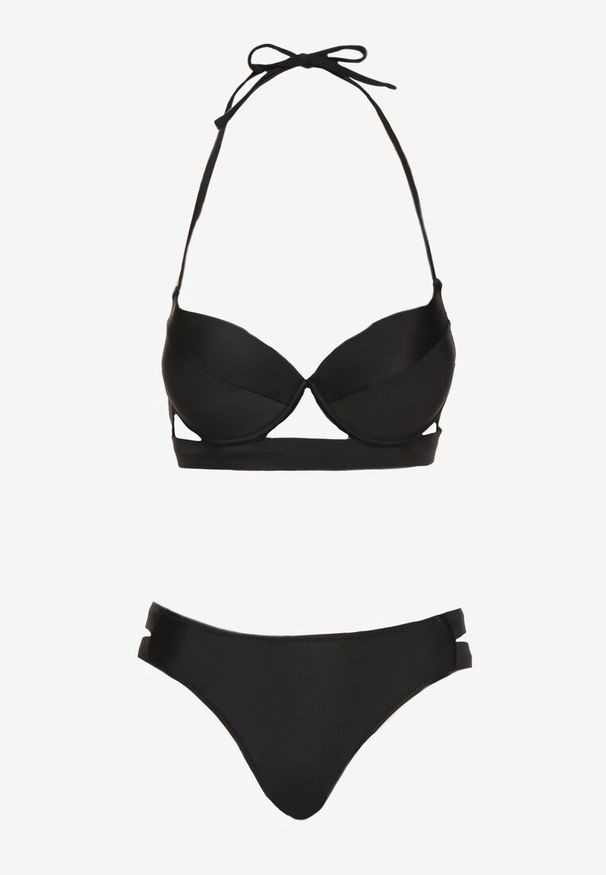 Born2be - Czarne Bikini Biustonosz i Majtki Typu Figi Ozdobione Wycięciami Kinlira. Kolor: czarny. Wzór: aplikacja
