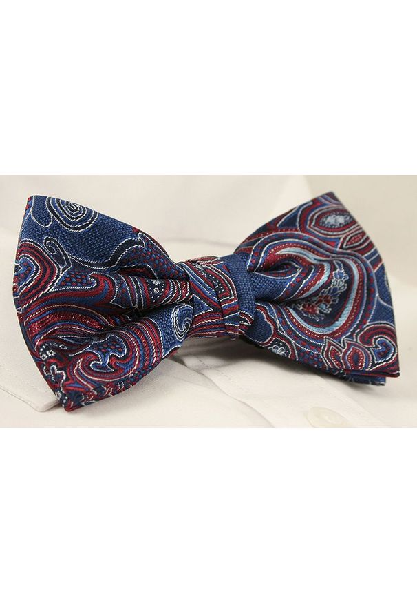 Chattier - Granatowo-Czerwona Elegancka Mucha z Białą Poszetką -CHATTIER- Męska, Wzór Orientalny, Paisley. Kolor: czerwony, wielokolorowy, niebieski. Wzór: paisley. Styl: elegancki