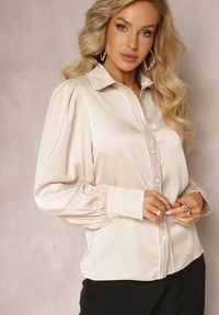 Renee - Beżowa Koszula z Długimi Bufiastymi Rękawami i Koralikami Zapinana na Guziki Quileth. Kolor: beżowy. Długość: długie #2