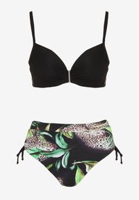 Born2be - Czarne Bikini Biustonosz i Majtki Figi ze Ściągaczami w Tropikalny Wzór Sadeille. Kolor: czarny #3