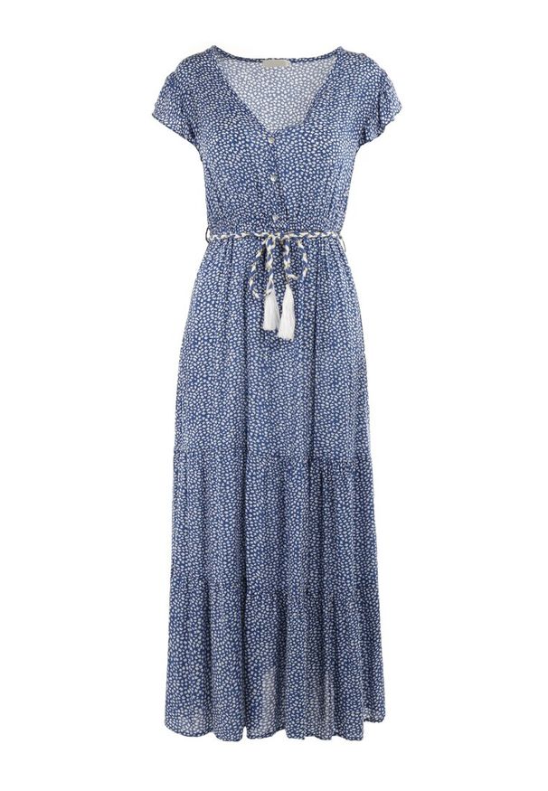 Born2be - Niebieska Sukienka Tudanna. Typ kołnierza: dekolt w kształcie V. Kolor: niebieski. Materiał: tkanina, materiał. Wzór: ażurowy, aplikacja, kwiaty. Długość: maxi