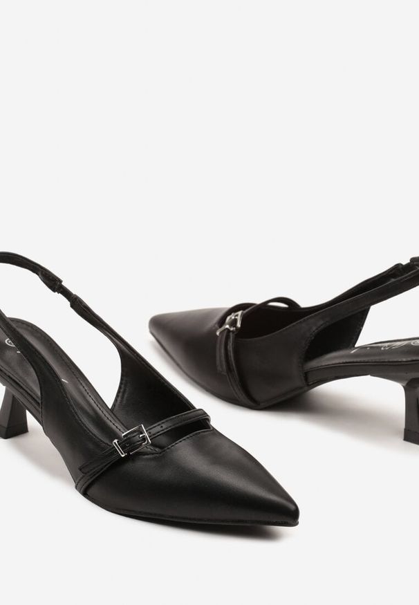Renee - Czarne Sandały na Kaczuszce Slingback z Paskiem i Klamrą Elearela. Okazja: na co dzień. Zapięcie: klamry. Kolor: czarny. Materiał: jeans. Wzór: aplikacja. Obcas: na szpilce. Styl: elegancki, casual