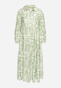 Born2be - Zielona Rozkloszowana Sukienka Koszulowa z Wiskozą w Geometryczny Wzór Alineria. Okazja: na co dzień. Kolor: zielony. Materiał: wiskoza. Wzór: geometria. Typ sukienki: koszulowe. Styl: klasyczny, casual, elegancki #5