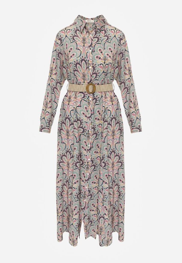 Renee - Miętowo-Różowa Koszulowa Sukienka z Dodatkowym Paskiem i Podpinanymi Rękawami Alonie. Kolor: miętowy. Typ sukienki: koszulowe