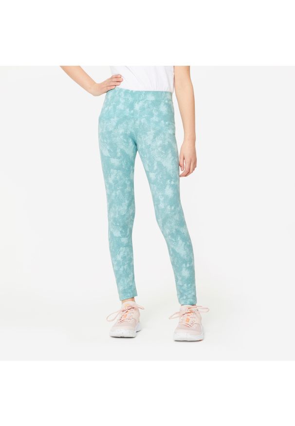Decathlon - Legginsy dziecięce Domyos. Okazja: na uczelnię. Kolor: zielony. Materiał: materiał, elastan, bawełna. Styl: sportowy