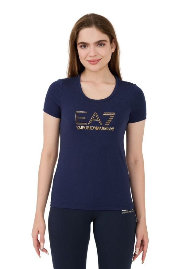 EA7 Emporio Armani - EA7 Granatowy damski t-shirt z cyrkoniami, Rozmiar M. Kolor: niebieski