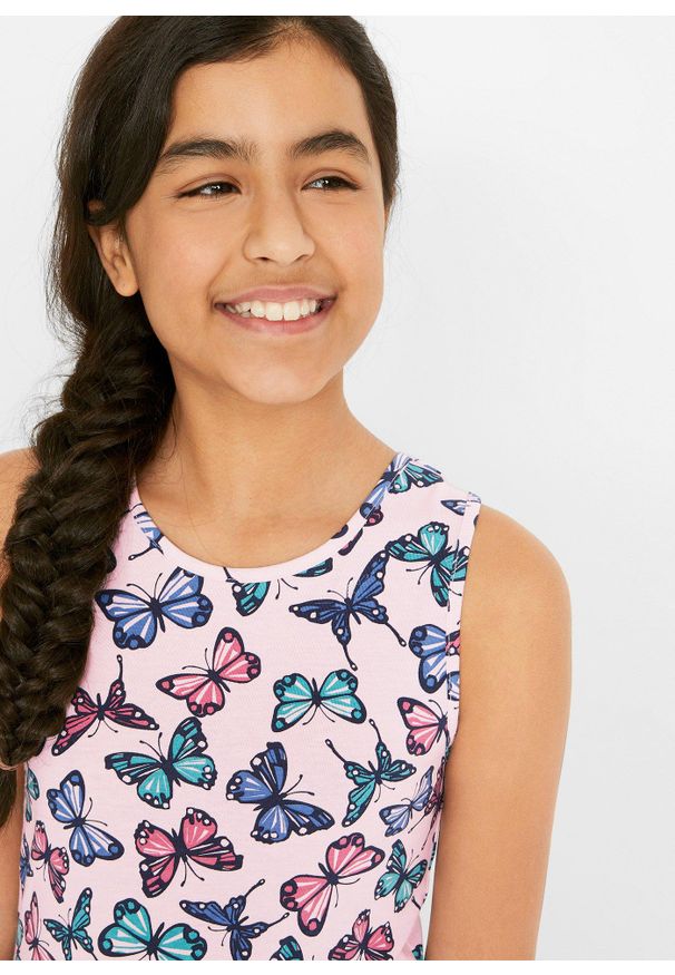 bonprix - Sukienka dziewczęca z nadrukiem w motyle. Kolor: różowy. Materiał: materiał. Wzór: nadruk. Sezon: lato