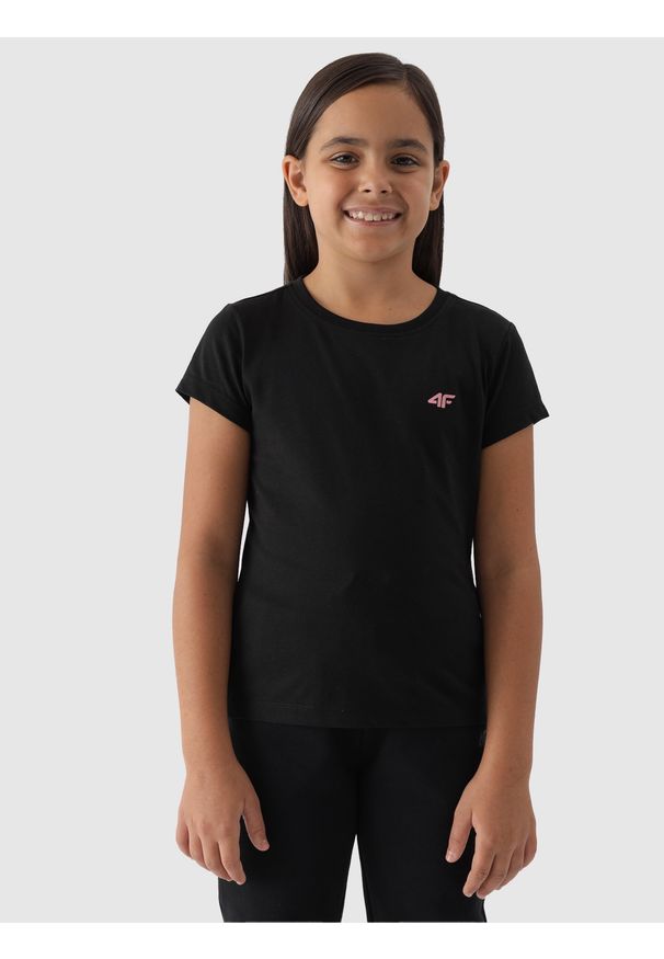 4f - 4F T-shirt gładki dziewczęcy - głęboka czerń 152 (11-12 lat). Okazja: na co dzień. Kolor: czarny. Materiał: bawełna, dzianina, jersey. Długość rękawa: krótki rękaw. Długość: krótkie. Wzór: gładki. Sezon: lato. Styl: sportowy, casual