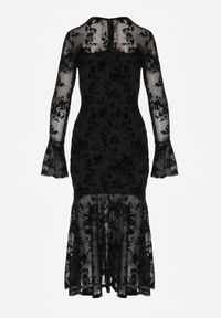 Born2be - Czarna Siateczkowa Sukienka Wieczorowa VICES z Welurowym Wzorem Jilney. Okazja: na randkę. Kolor: czarny. Materiał: welur. Styl: wizytowy #2