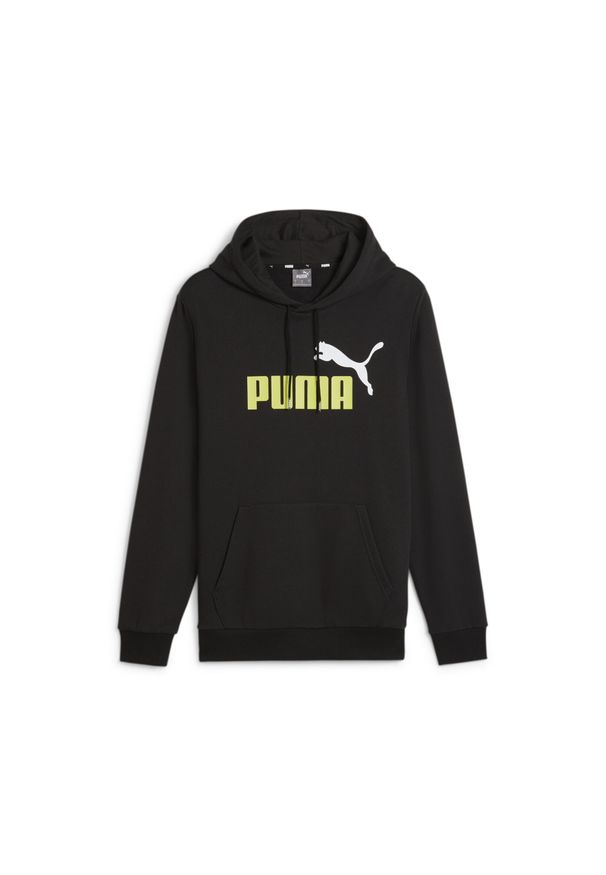 Puma - Męska bluza z kapturem Essentials+ Two-Tone Big Logo PUMA Black Lime Sheen. Typ kołnierza: kaptur. Kolor: żółty, wielokolorowy, czarny, zielony. Materiał: bawełna