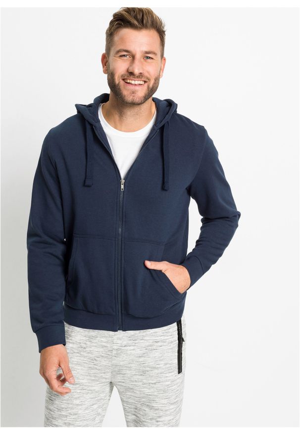 bonprix - Bluza z kapturem zapinana na zamek. Okazja: na co dzień. Typ kołnierza: kaptur. Kolor: niebieski. Materiał: dresówka, dzianina. Styl: casual