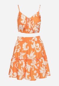 Born2be - Pomarańczowo-Biały Komplet Krótki Top na Ramiączkach Spódnica w Kwiaty Tiamaly. Kolor: pomarańczowy. Materiał: tkanina. Wzór: kwiaty #5