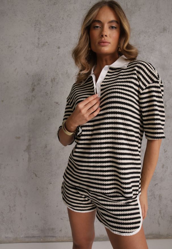 Renee - Beżowo-Czarny Oversizowy Komplet z Dzianiny w Paski Koszulka Polo i Krótkie Spodenki Nanea. Kolor: beżowy. Materiał: dzianina. Wzór: paski