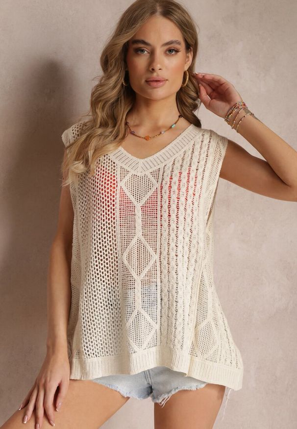 Renee - Beżowa Dzianinowa Kamizelka Top z Bawełny Editna. Kolor: beżowy. Materiał: bawełna, dzianina. Wzór: ażurowy. Sezon: lato, wiosna. Styl: klasyczny
