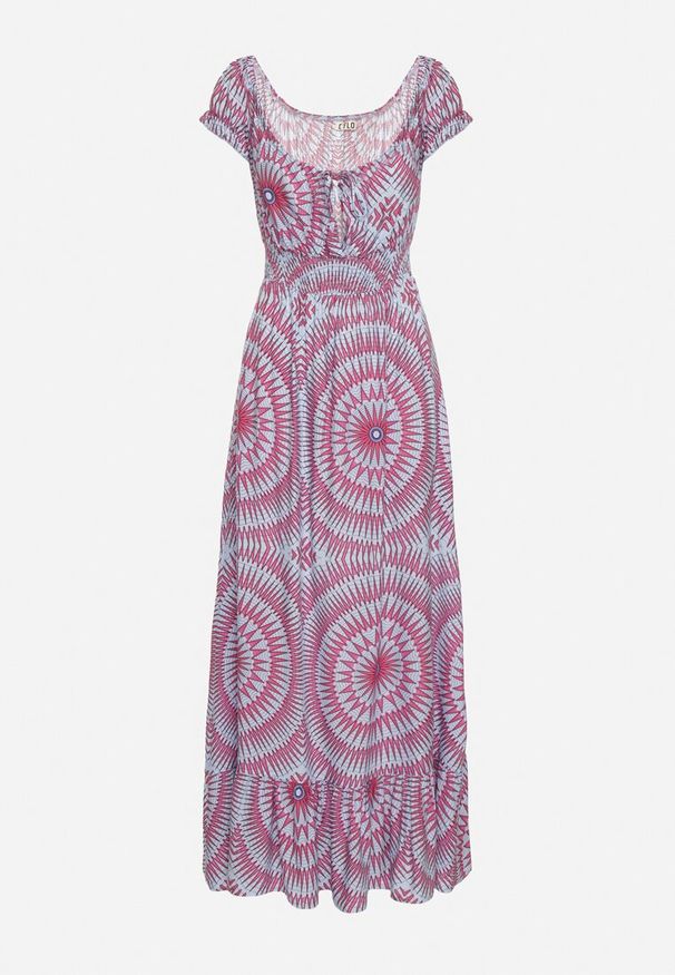 Born2be - Niebiesko-Różowa Wiskozowa Sukienka o Rozkloszowanym Kroju z Wiązaniem przy Dekolcie i Gumką w Talii Wicia. Okazja: na co dzień, na imprezę, na spacer. Kolor: niebieski. Materiał: wiskoza. Sezon: lato. Styl: casual, elegancki, wakacyjny