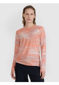 4f - 4F Longsleeve rowerowy szybkoschnący damski - pomarańczowy M. Typ kołnierza: kołnierzyk stójkowy. Kolor: pomarańczowy. Materiał: dzianina, włókno, syntetyk, materiał, elastan. Długość rękawa: długi rękaw. Długość: krótkie. Wzór: gładki, ze splotem. Sport: kolarstwo