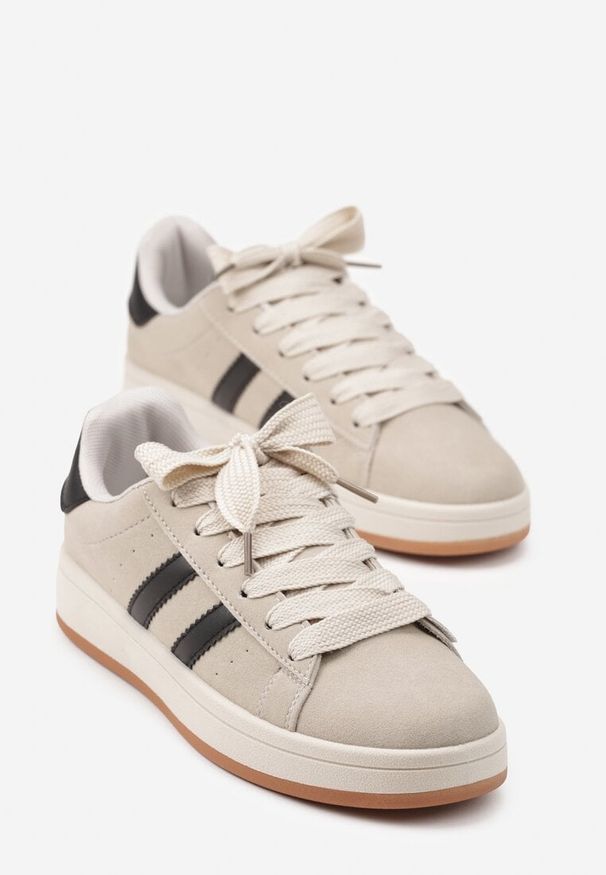 Renee - Beżowo-Czarne Sneakersy z Geometrycznym Wzorem Rillomia. Okazja: na co dzień. Kolor: beżowy. Materiał: jeans. Wzór: geometria