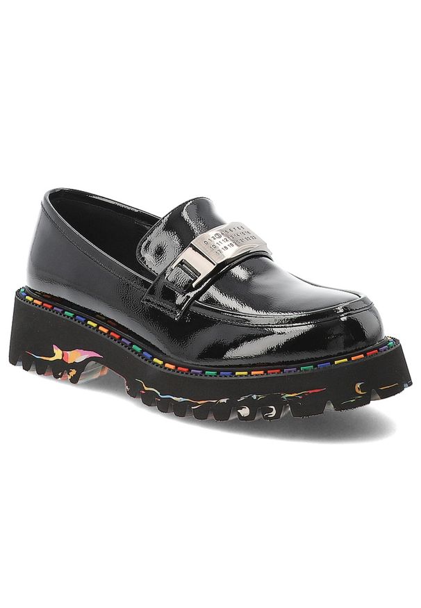 Czarne Półbuty Artiker Stylowe Obuwie Damskie. Okazja: na co dzień. Kolor: czarny. Materiał: skóra, lakier. Wzór: kolorowy, aplikacja. Obcas: na platformie. Styl: elegancki