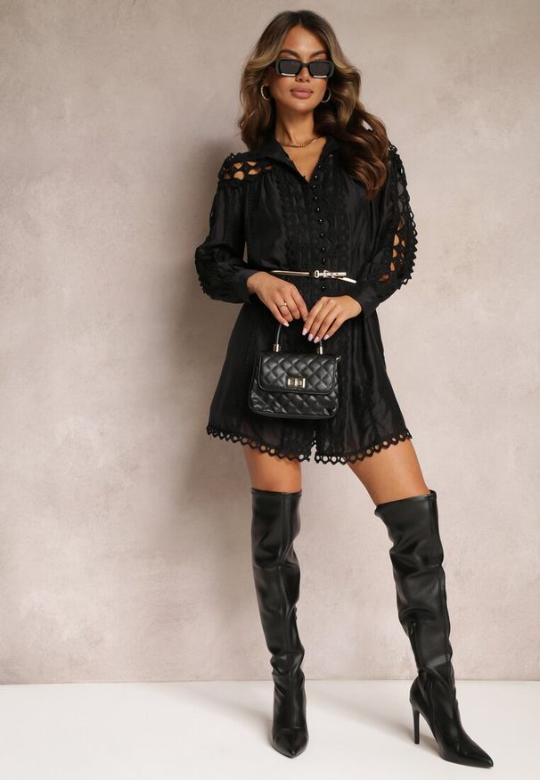 Renee - Czarna Koszulowa Sukienka Mini z Paskiem w Stylu Vintage Butafa. Kolor: czarny. Typ sukienki: koszulowe. Styl: vintage. Długość: mini