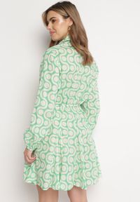 Born2be - Zielono-Beżowa Bawełniana Sukienka Mini w Geometryczny Wzór Frenia. Kolor: zielony. Materiał: bawełna. Długość rękawa: długi rękaw. Wzór: geometria. Typ sukienki: rozkloszowane, koszulowe. Styl: elegancki. Długość: mini #3