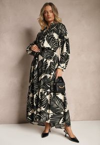 Renee - Czarna Rozkloszowana Sukienka z Wiskozy z Motywem Liści Wilvesia. Okazja: na co dzień. Typ kołnierza: dekolt w serek. Kolor: czarny. Materiał: wiskoza. Styl: klasyczny, elegancki, casual