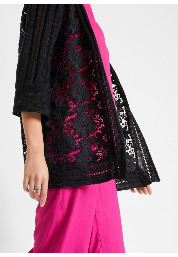bonprix - Sweter bez zapięcia, z koronką. Kolor: czarny. Materiał: koronka. Wzór: koronka. Styl: elegancki